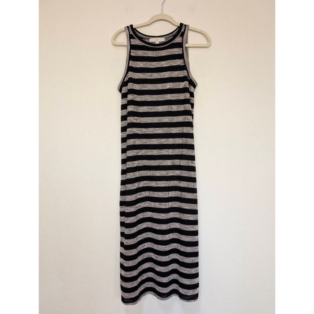 LOFT Womens Striped Ribbed Knit Side Slit Tank Maxi Dress Black Medium
